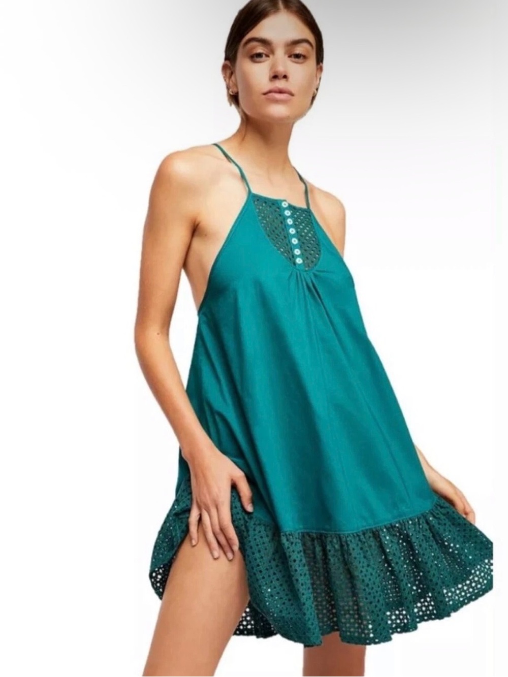 Free People Cotton Mini Trapeze Dress Teal Green XS Eyelet Boho Babydoll